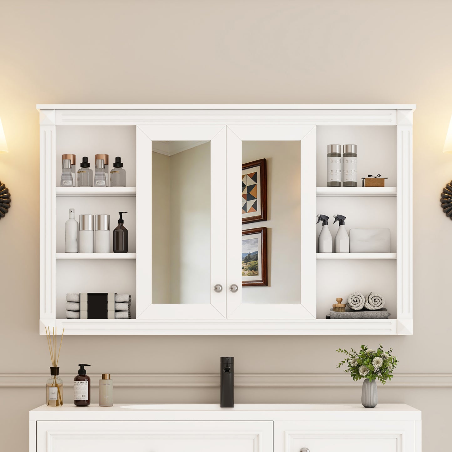 47 Inch Bathroom Mirror Cabinet With Storage, Adjustable Shelf And Open Shelves, Wall Mounted Medicine Cabinet For Bathroom, Bedroom, Vanity