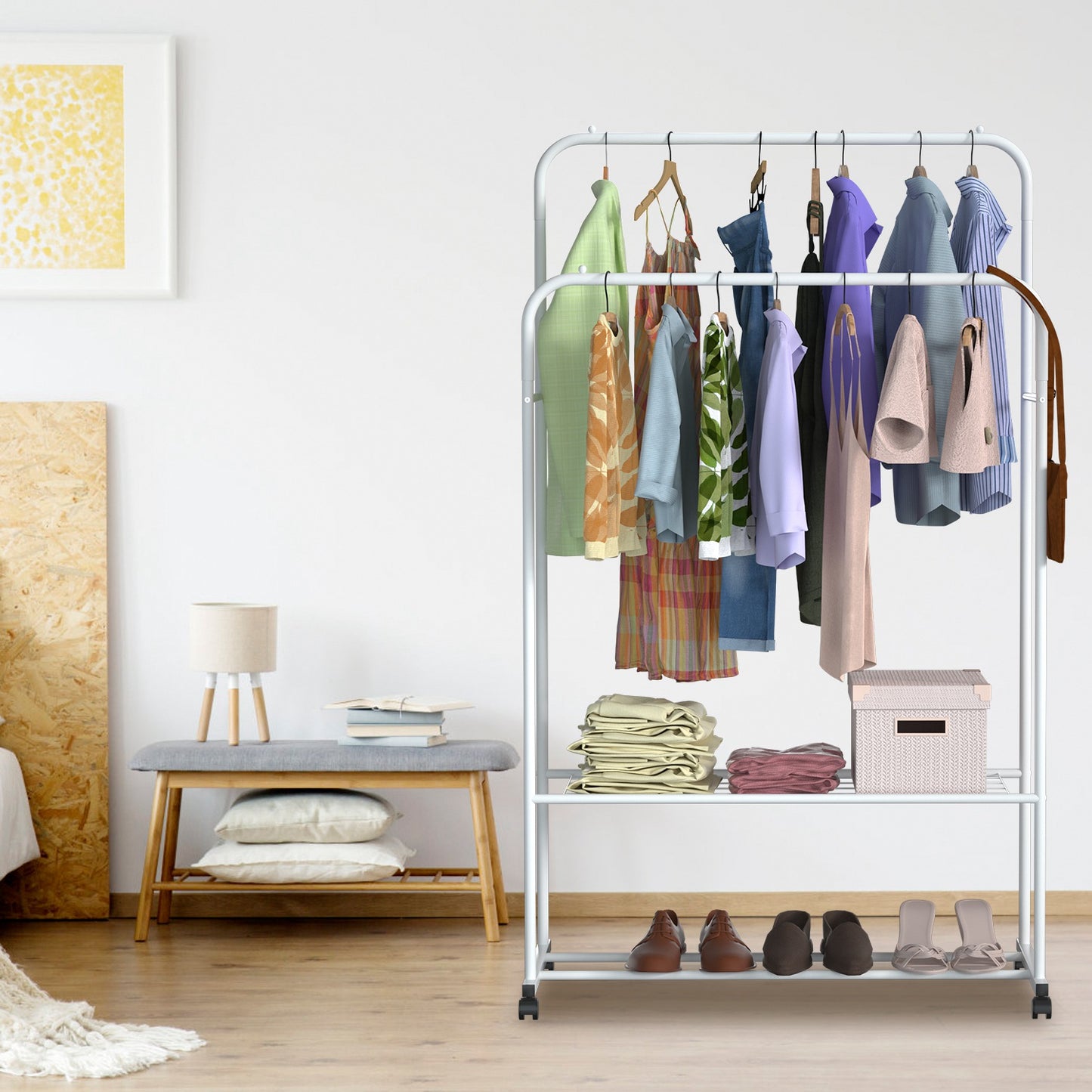 1Pc Garment Hanging Rack Clothing Hanging Rail Pillow Shoe Display Organizer Stand Rolling Wheel Clothes Organizer