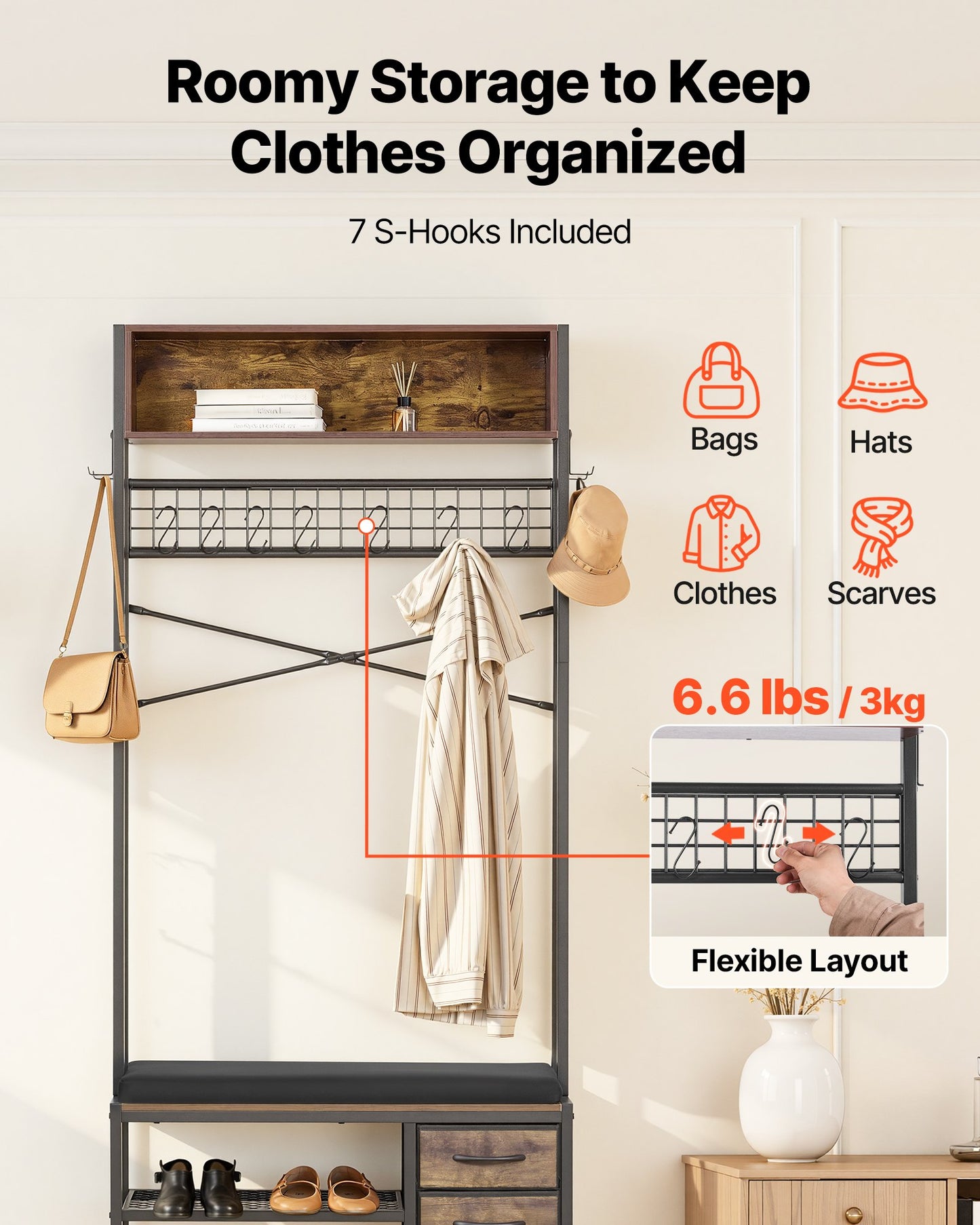 Hall Tree, 70.9 In Coat Rack With Shoe Bench & 3 Drawers, 3-in-1 Freestanding Shoe Rack Storage Organizer With Bookshelf & Wire Shelf, Steel Frame Entrance Coat Holder For Entry, Bedroom, Closet