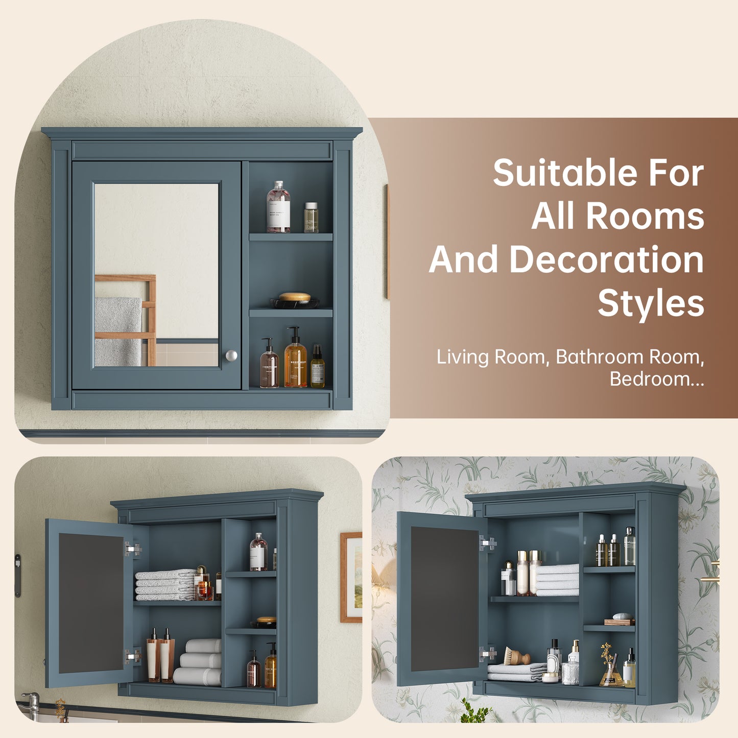 30 X 28 Medicine Cabinet, Wall Mounted Bathroom Storage Cabinet, Modern Bathroom Wall Cabinet With Mirror,Medicine Cabinet,  Mirror Cabinet With 3 Open Shelves Not Include Bathroom Vanity