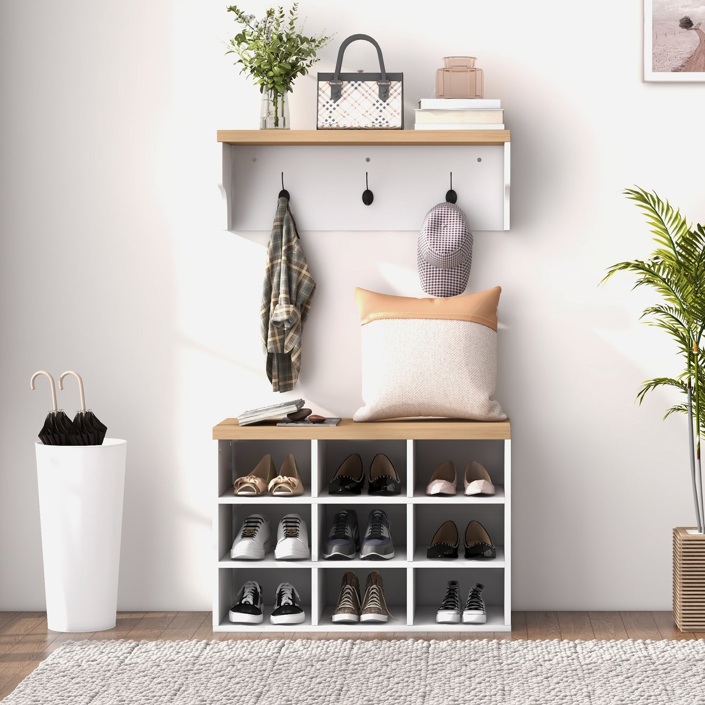 2-in-1 Coat Rack Shoe Bench Set, 5-Hook Hall Tree with Bench and Shoe Storage for 9 Pairs of Shoes for Entryway, Hallway, White
