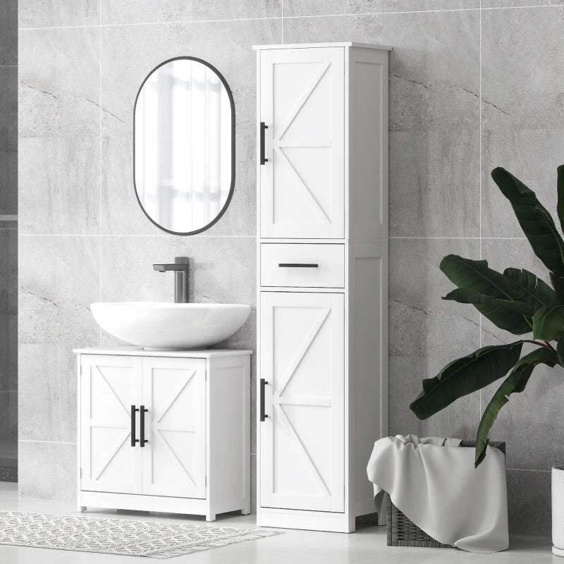 Farmhouse Pedestal Sink Storage Cabinet, Bathroom Sink Cabinet With 2 Barn Doors And Adjustable Shelf, White