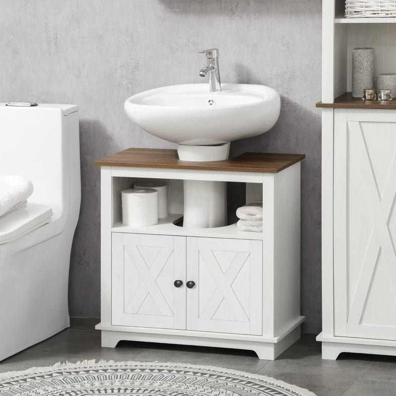 Kleankin Modern Farmhouse Bathroom Sink Cabinet, Pedestal Sink Storage Cabinet With Double Doors And Shelves, White