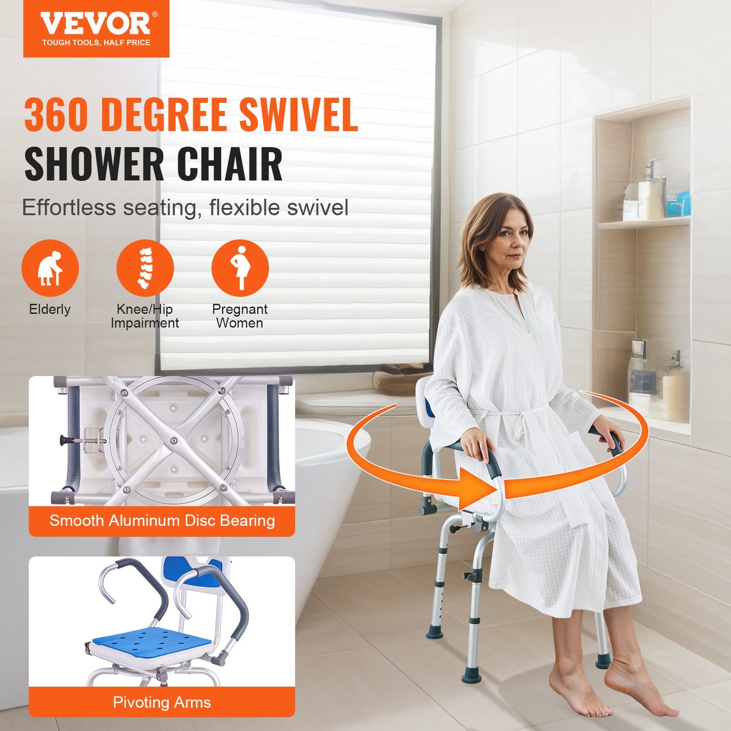 Swivel Shower Chair 360 Degree, Adjustable Shower Seat With Pivoting Arms For Inside Showers Or Tubs, Non-Slip Rotating Bathtub Shower Chair For Elderly Disabled Injured, 400LBS Capacity