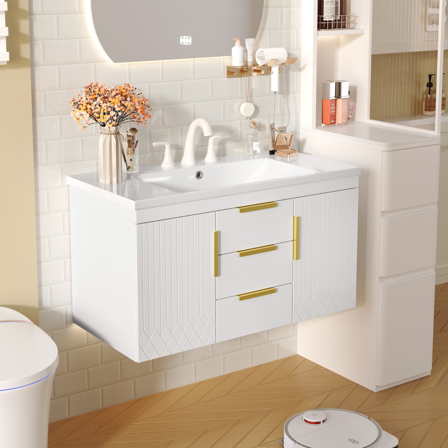 36 Wall Mounted Bathroom Vanity, Floating Bathroom Storage Cabinet With 2 Drawers, Solid Wood Bathroom Cabinet