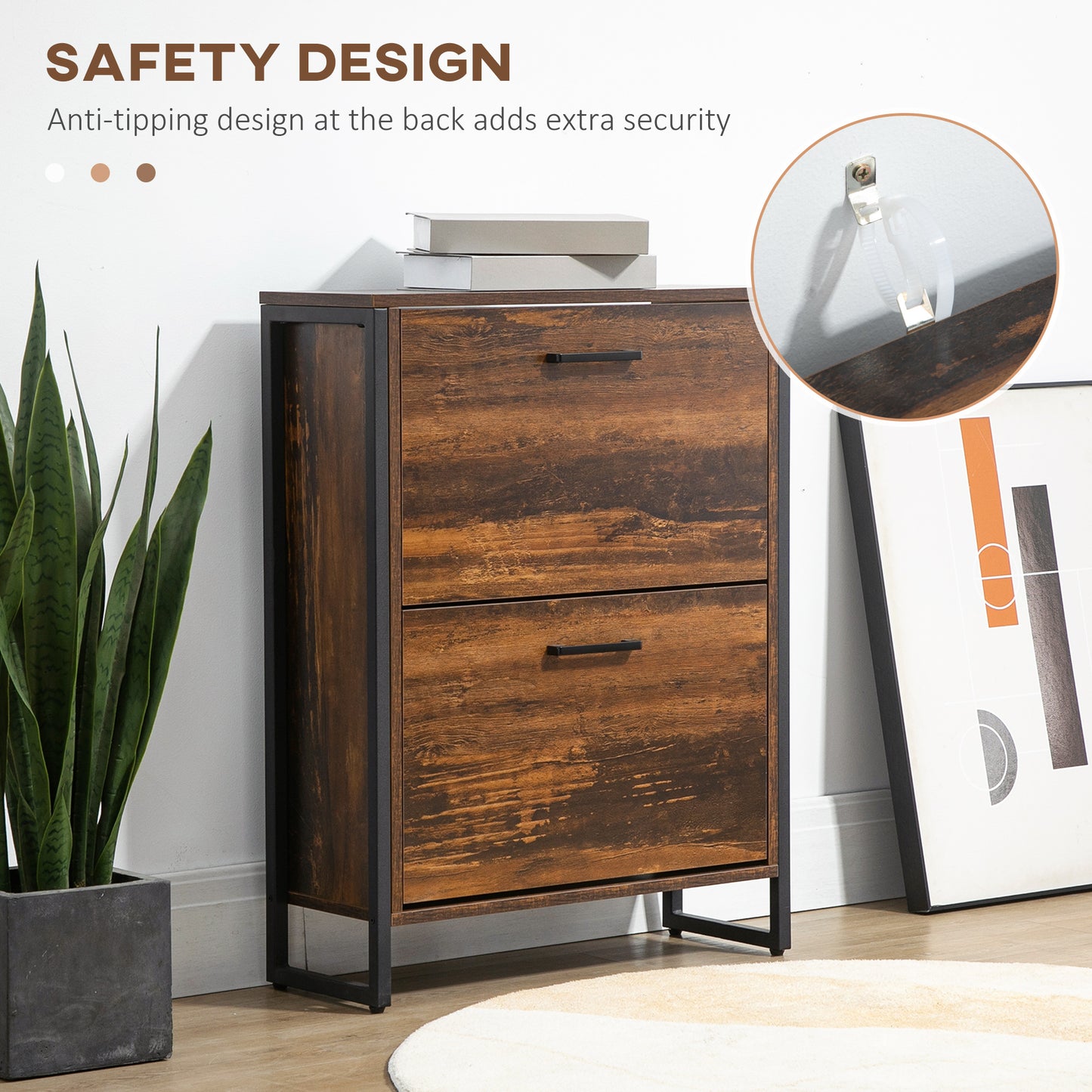 Industrial Shoe Cabinet with 2 Flip Drawers, Freestanding Shoe Storage Cabinet for 12 Pairs, Narrow Slim Shoe Rack for Entryway, Hallway, Rustic Brown