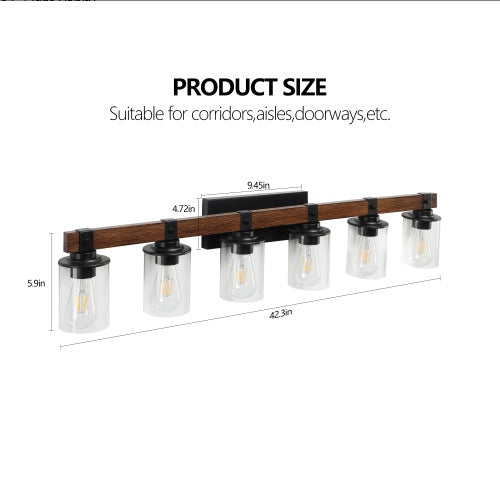 42 Inch Rustic 6-Light Vanity Light, Industrial Bathroom Wall Sconce With Glass Shades And Wood Accent, Modern Farmhouse Lighting Fixture No Bulbs