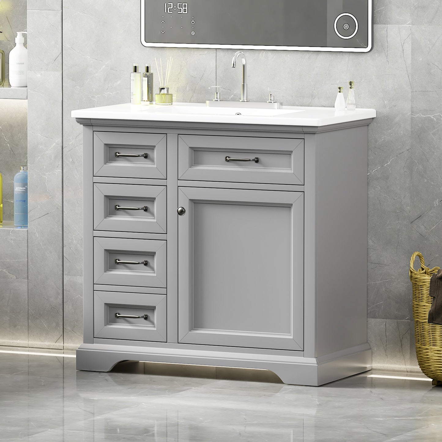 36  Bathroom Vanity With Sink, Ceramic Sink, 2 Tip-out Drawers, Soft Close Door Hinges, Light Gray
