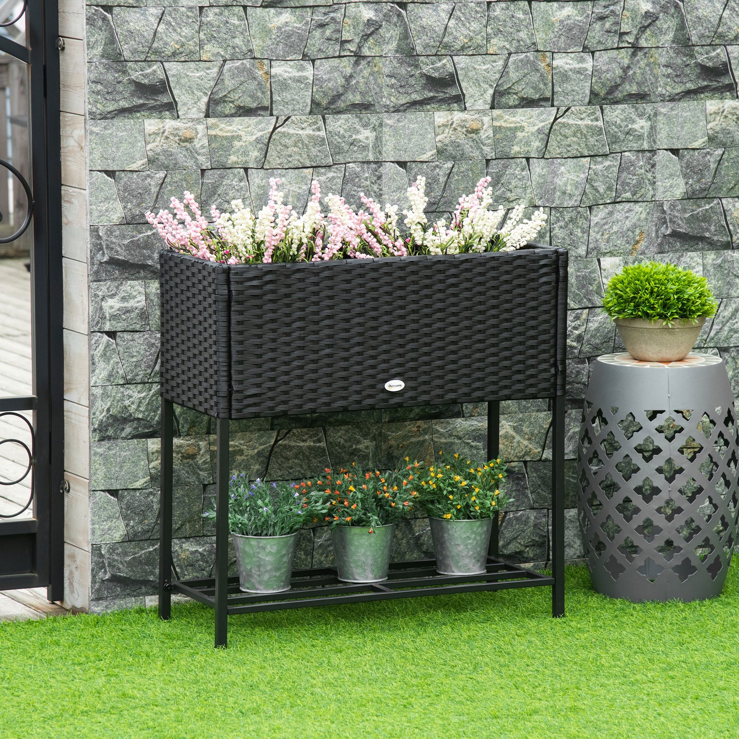 PE Rattan Wicker Raised Flower & Vegetable Planter, Rack Shelf Box