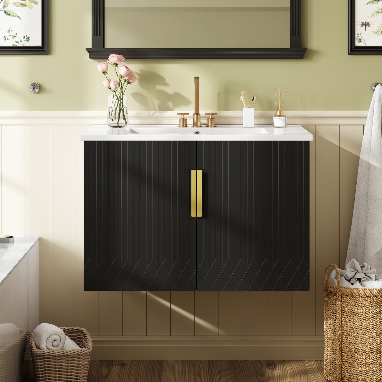30 Vintage Bathroom Vanity With Ceramic Sink, With 3 Holes Single Ceramic Sink, Bathroom Storage Vanity Cabinet With 2 Soft Closing Doors