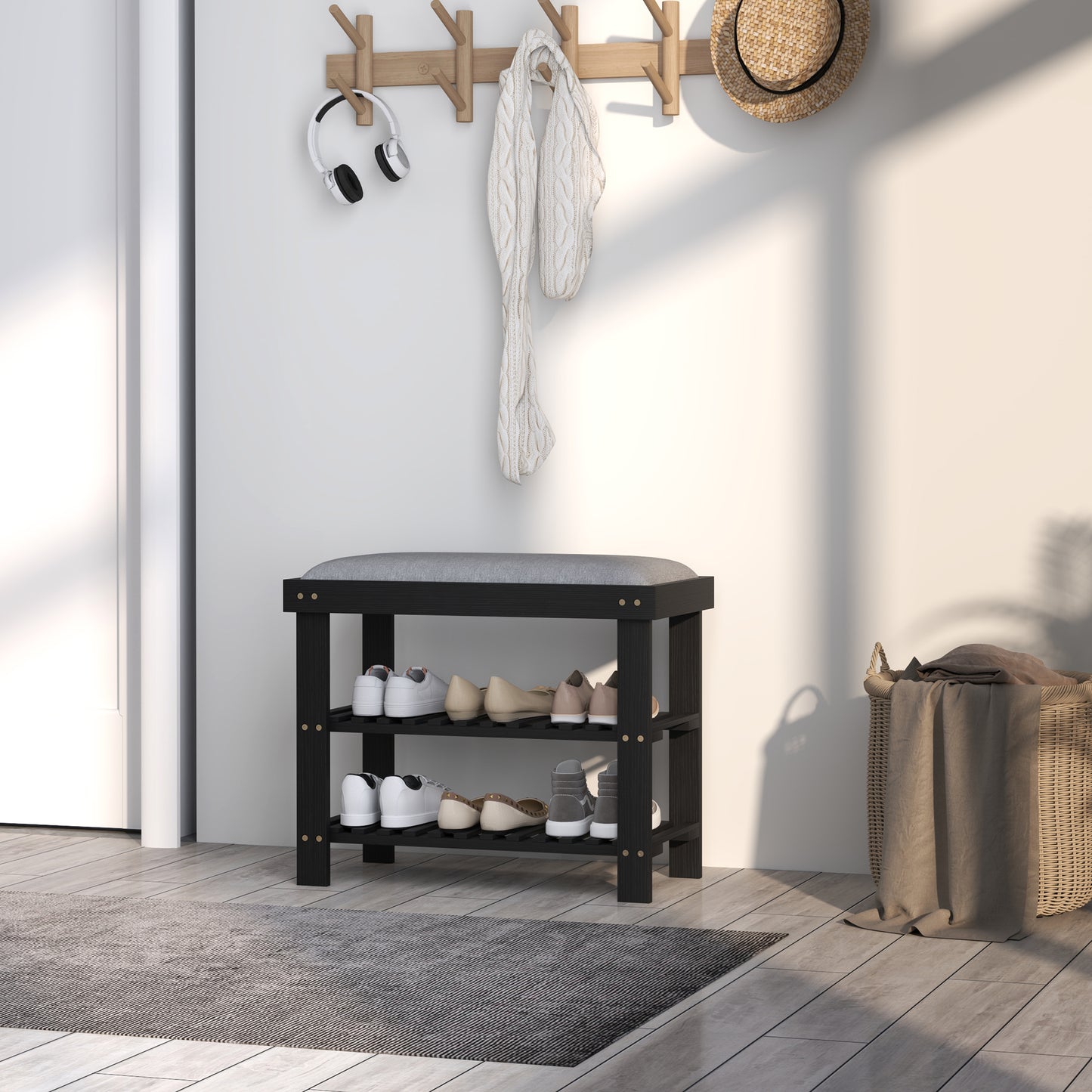 Bamboo Shoe Storage Bench, 3-Tier Entryway Bench with Cushion, Shoe Organizer for Entryway, Hallway, Black