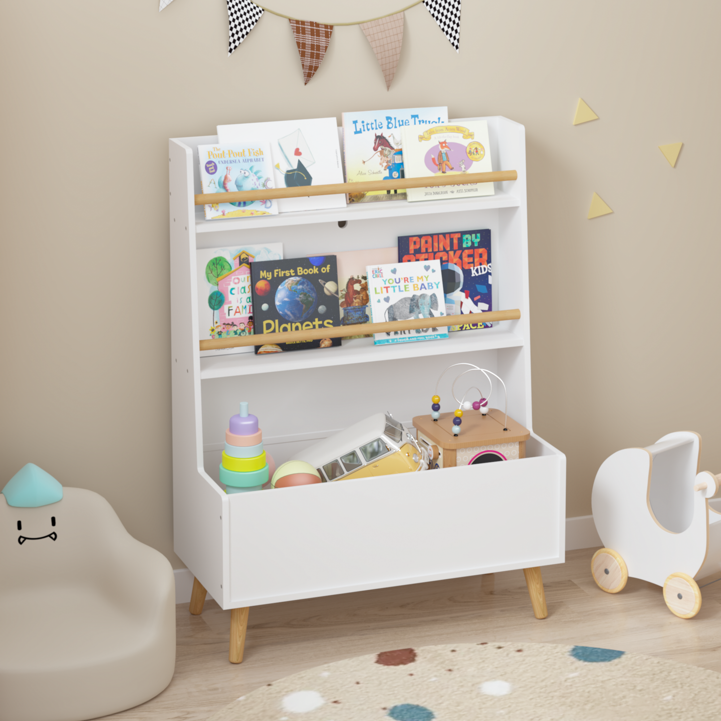 Kids Bookshelf Organizer – Toy Storage Cabinet with Book & Magazine Rack