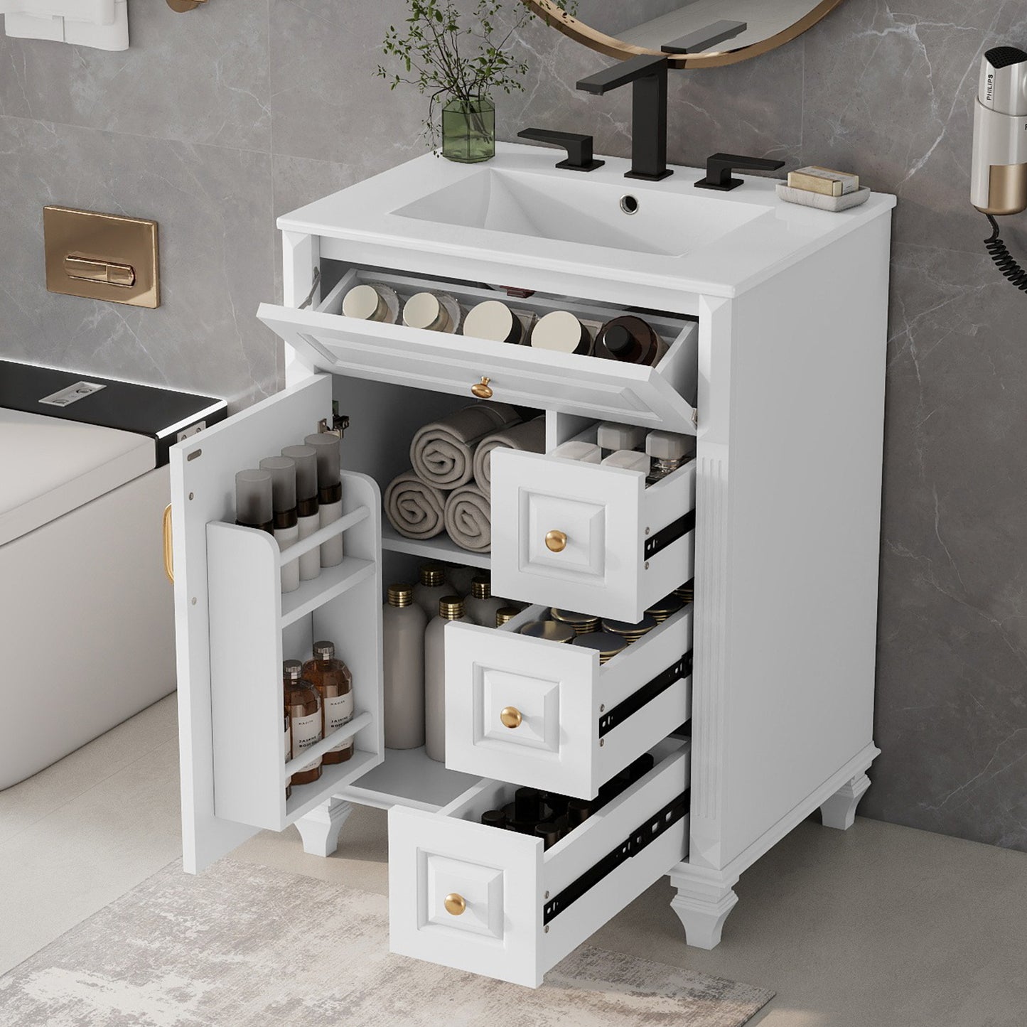 24 Inch Bathroom Vanity With Sink, White Freestanding Vanity Cabinet With Flip-Out Drawer, 3 Drawers & Storage Cabinet, Solid Wood & MDF, Ceramic Sink Top