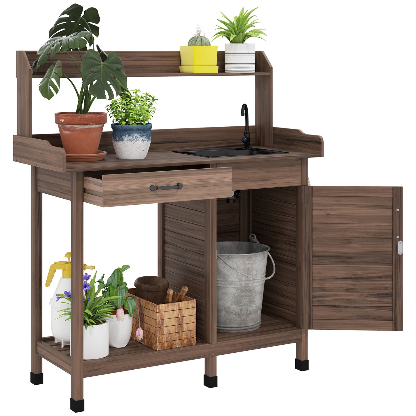 Potting Bench Table with Sink, Outdoor Work Bench Table with Storage Cabinet, Hooks, Removable Sink, Faucet and Drawer for Greenhouse, Garden, Patio, Dark Brown