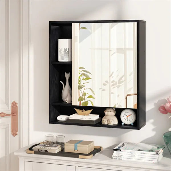 2 In 1 Mirrored Bathroom Wall Cabinet, Space-Saving Medicine Cabinet With Hidden Storage & Shelves - Black