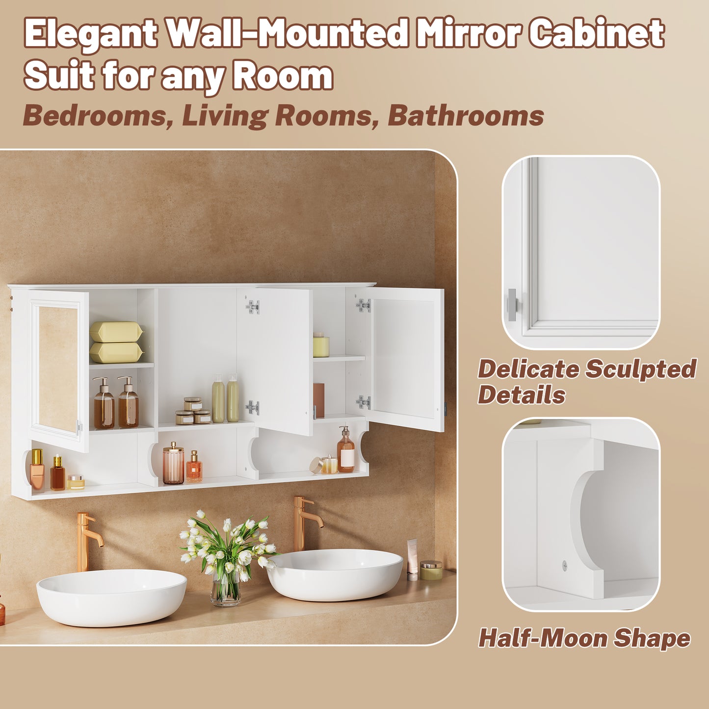 55 Inch Mirror Medicine Cabinet With Open Shelves, Wall Mounted Home Storage With Doors & Mirror, Adjustable Shelf, Bathroom Storage Cabinet Over Toilet