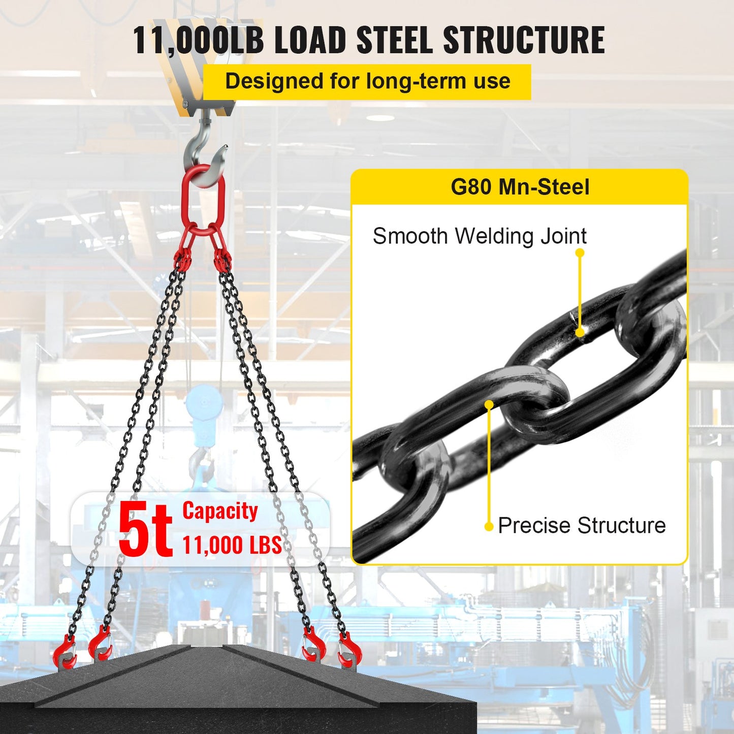 VEVOR 5Ft Chain Sling  5 Ft Engine Lift Chain G80 Alloy Steel Engine Chain Hoist Lifts 3 Ton With 4 Leg Grab Hooks