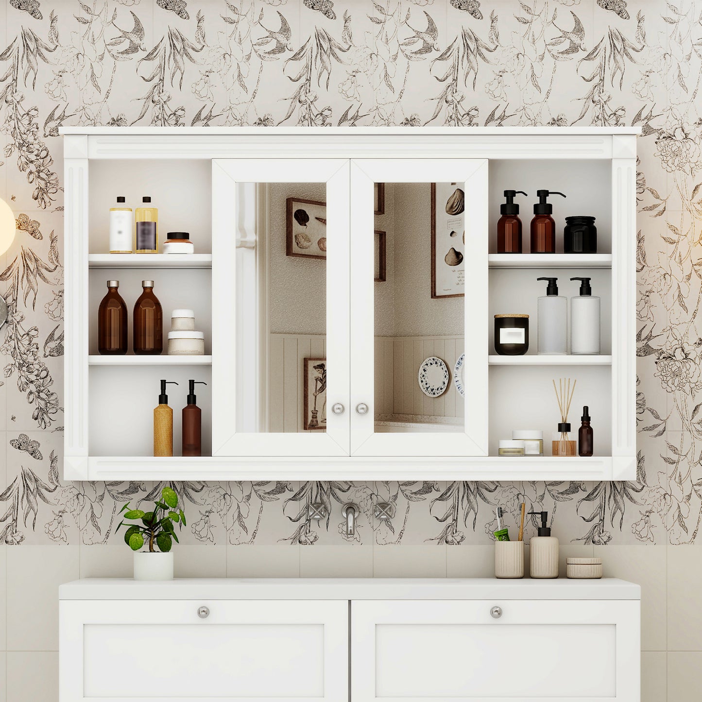 47 Inch Bathroom Mirror Cabinet With Storage, Adjustable Shelf And Open Shelves, Wall Mounted Medicine Cabinet For Bathroom, Bedroom, Vanity