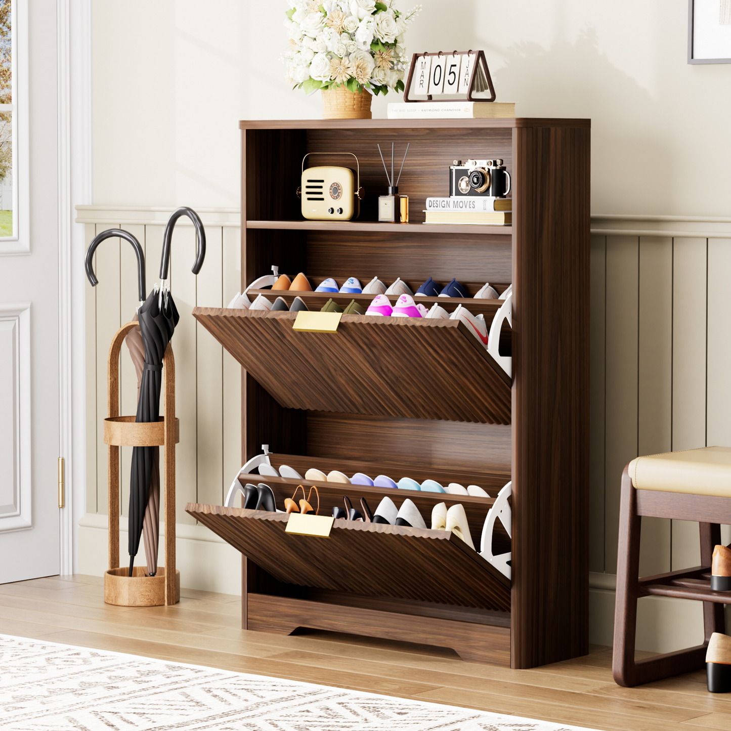 Shoe Cabinet Storage For Entryway Hidden Shoes Storage Cabinet With 2 Flip Drawers, Tall Free Standing Shoe Organizer Rack For Foyer, Hallway. Walnut,31.6  L X 9.6  W X 40  H.