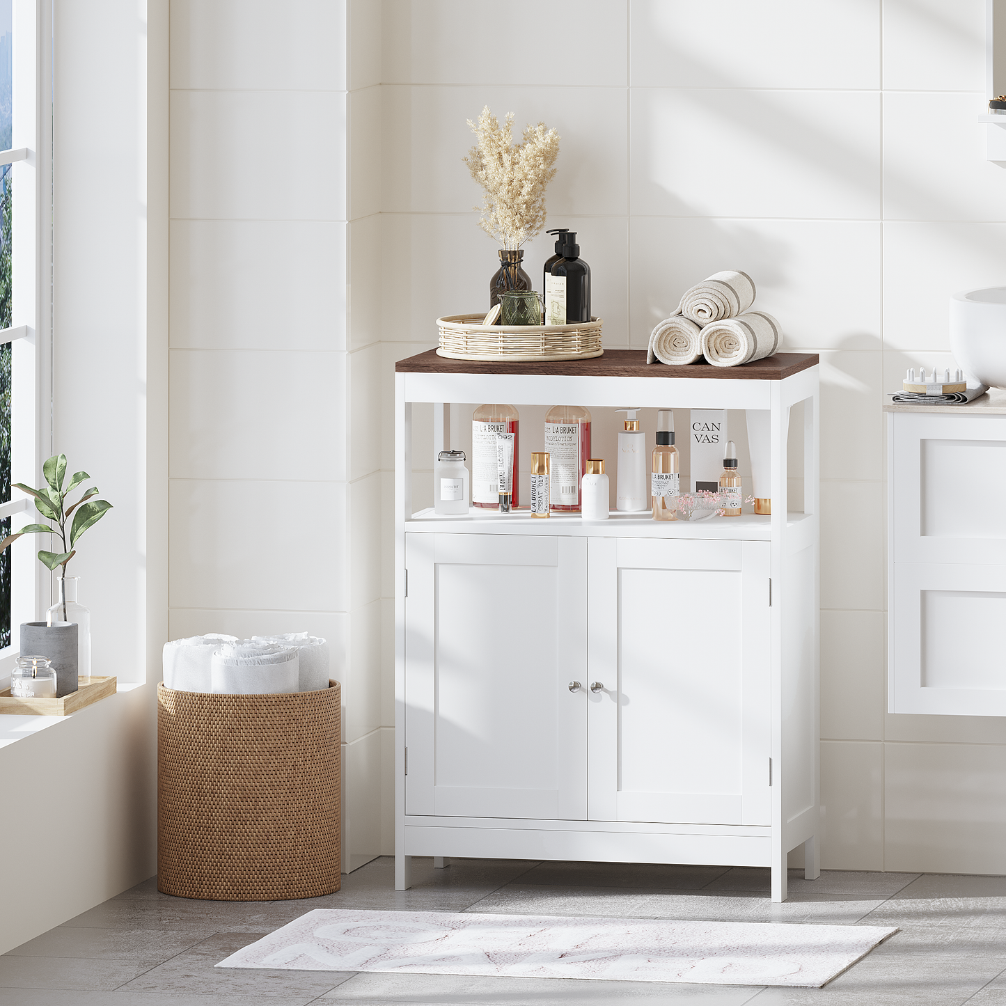 Modern Storage Cabinet With Double Doors, Free-Standing Bathroom Cabinet With Adjustable Shelf And Natural Wood Top, Multi-Purpose Organizer For Kitchen, Living Room, Bathroom Or Entryway White