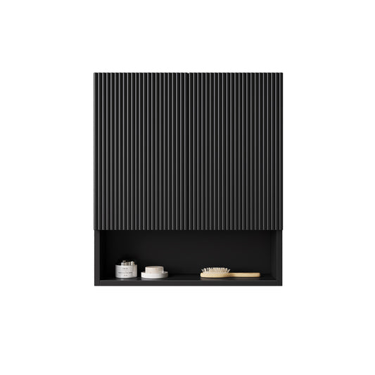 TOBI 26 Wall-Mounted Striped Bathroom Cabinet, With Doors, Shelf And Open Storage Compartment Over The Toilet Storage Cabinet For Bathroom, Kitchen, Laundry Room, Black Color