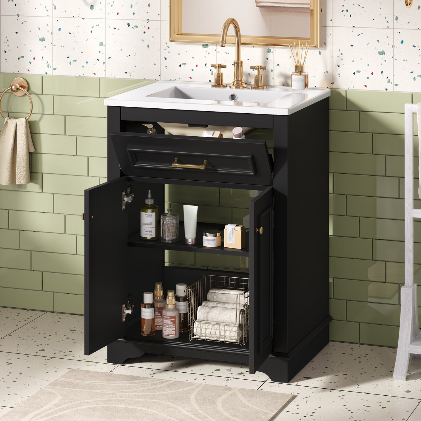 24 Bathroom Vanity With Integrated Ceramic Sink, Bathroom Cabinet With 2 Doors, 1 Tip-Out Drawer, Single Sink Bathroom Vanity For Small And Medium Restroom, Black