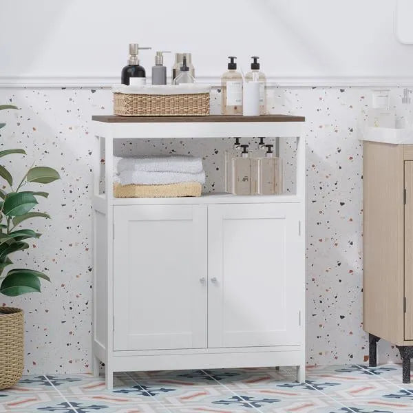 Modern Storage Cabinet With Double Doors, Free-Standing Bathroom Cabinet With Adjustable Shelf And Natural Wood Top, Multi-Purpose Organizer For Kitchen, Living Room, Bathroom Or Entryway - White