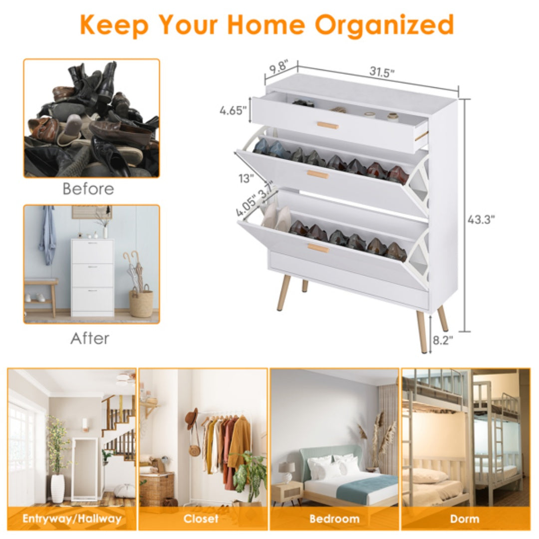 Shoe Cabinet, 16 Pair Shoe Rack Storage Organizer With 2 Flip Drawers, White Entryway Shoe Storage Cabinet For Heels, Boots, Slippers  White