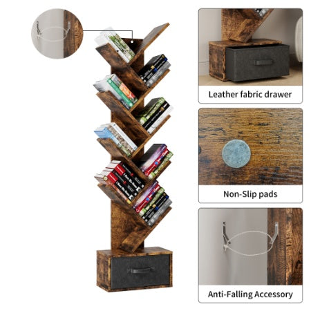 9 Tier Tree Bookshelf With Drawer Bookcase, Modern Book Storage, Free Standing Tree Bookcase, Utility Organizer Shelves For Home Office, Living Room, Bedroom, Rustic Brown