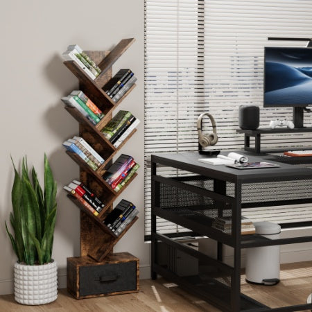 9 Tier Tree Bookshelf With Drawer Bookcase, Modern Book Storage, Free Standing Tree Bookcase, Utility Organizer Shelves For Home Office, Living Room, Bedroom, Rustic Brown