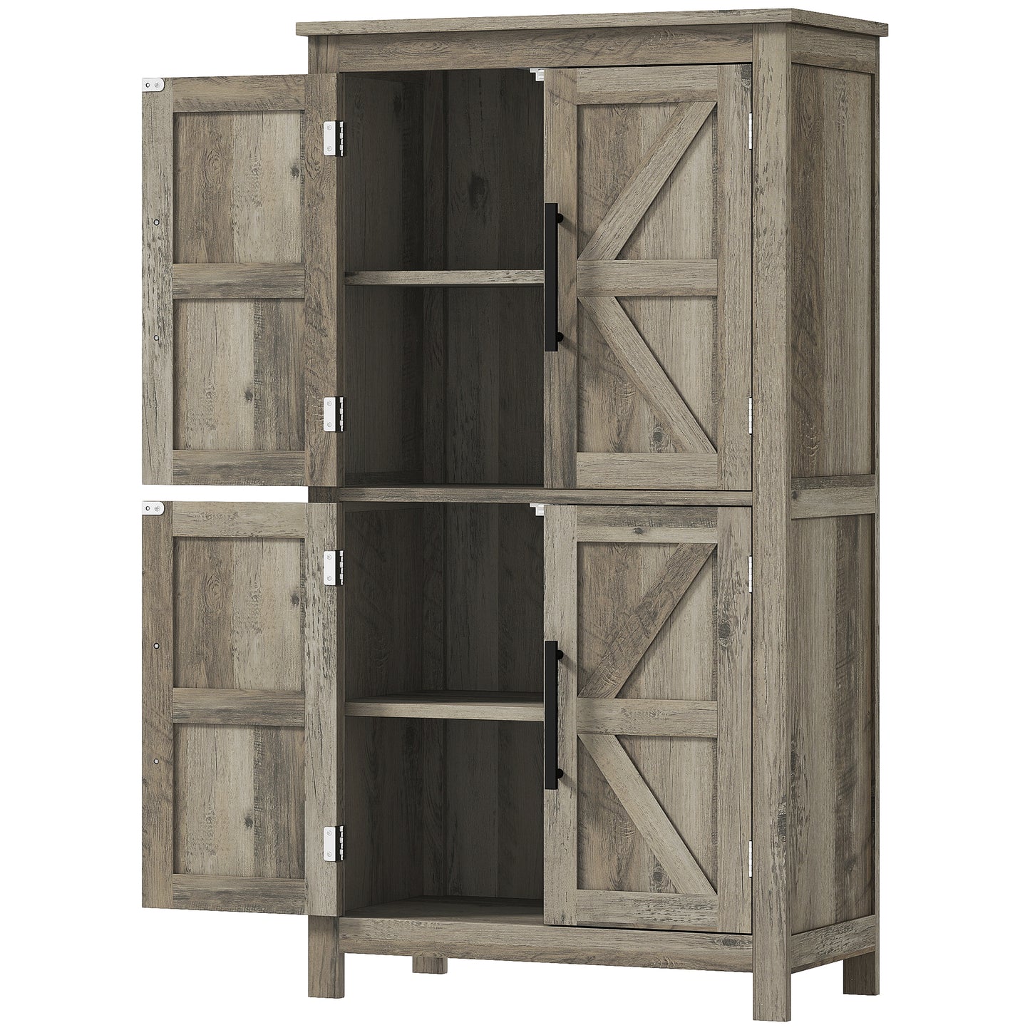 Bathroom Floor Storage Cabinet, Farmhouse Bathroom Cabinet with 4 Doors and Adjustable Shelf, Light Gray
