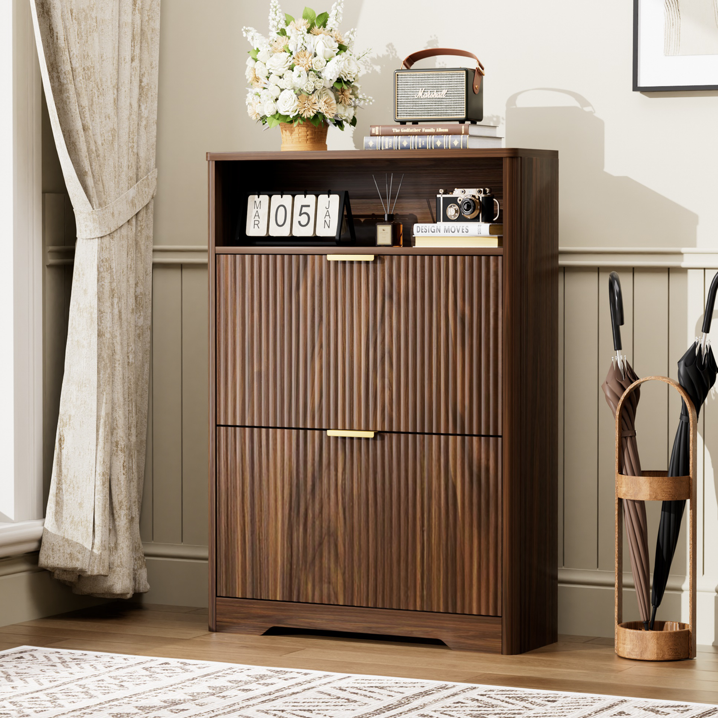 Shoe Cabinet Storage For Entryway Hidden Shoes Storage Cabinet With 2 Flip Drawers, Tall Free Standing Shoe Organizer Rack For Foyer, Hallway. Walnut,31.6  L X 9.6  W X 40  H.