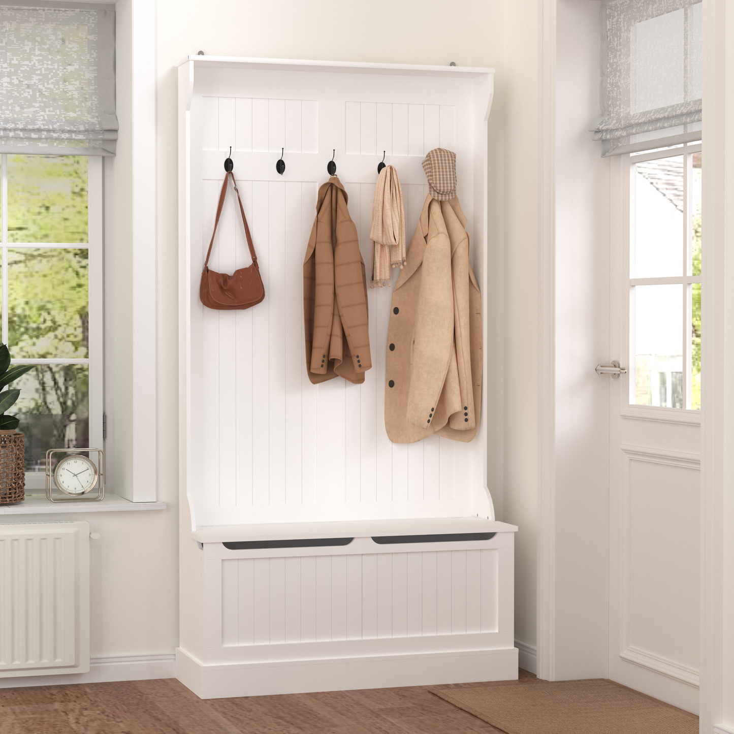 Entryway Bench With Standing Coat Rack, Hall Tree With Shoe Storage Bench, Entryway Organizer With 5 Hooks, White