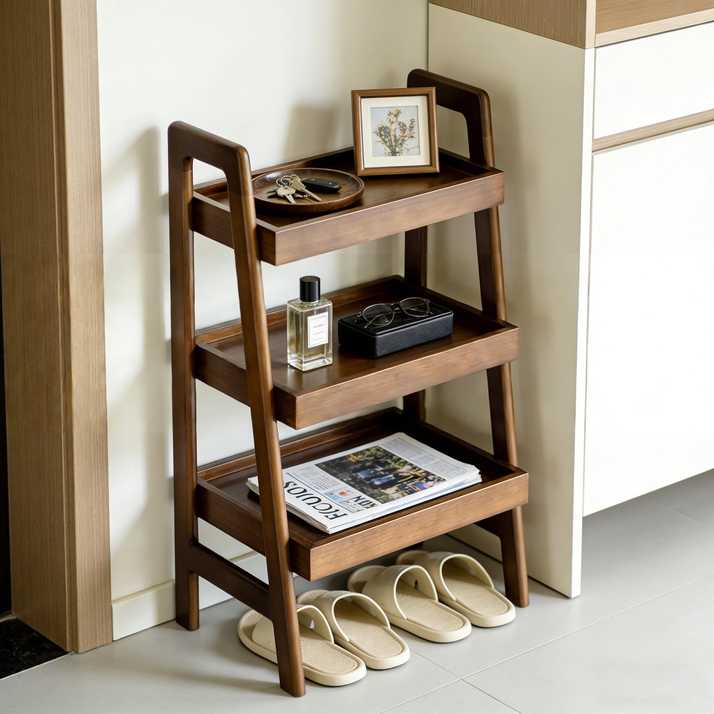 Solid Wood Ladder Shelf, 3 Tier Small Ladder Bookshelf, Freestanding Ladder Shelf With Open Storage,Side Table For Living Room, Bedroom, Study, Home Office, Saving Space, Walnut