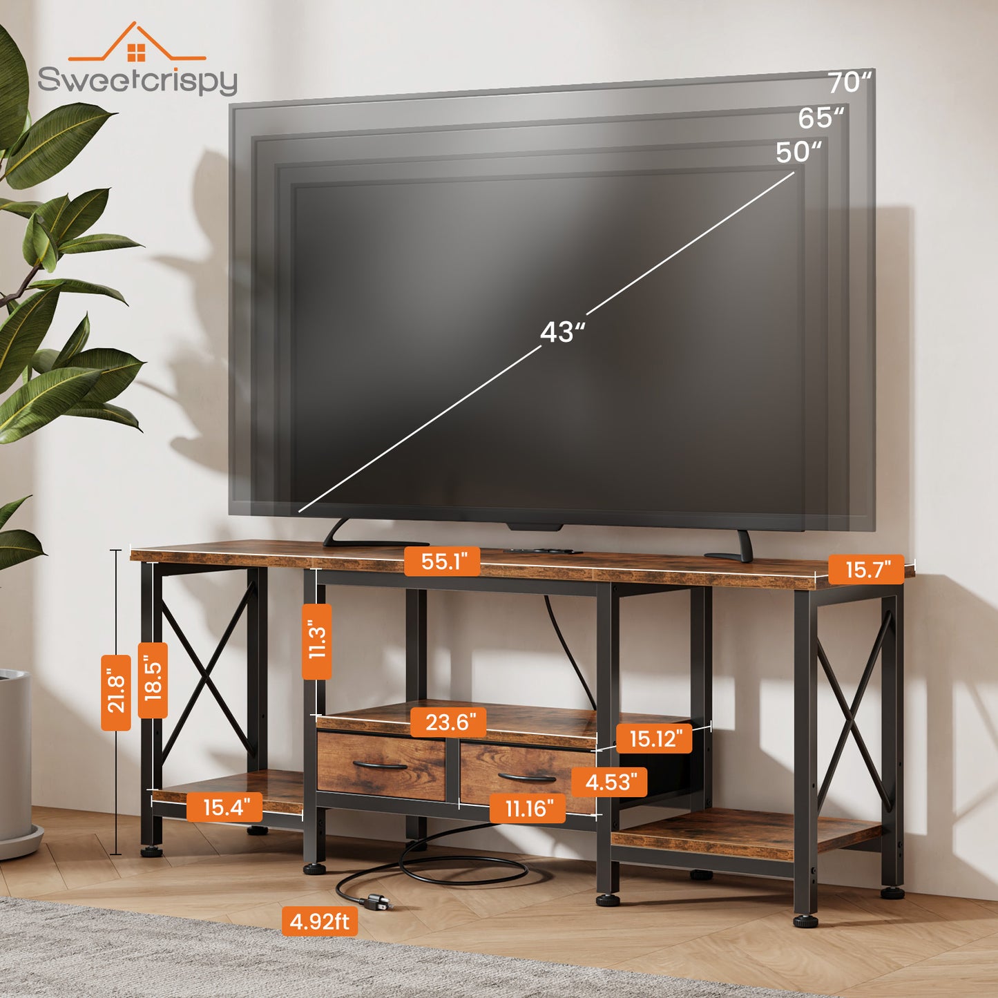 The TV Cabinet Comes With A Power Socket And Is Suitable For TVs With A Screen Size Of 75 Inches Or Less. It Features Fabric Drawers And Open Shelves.