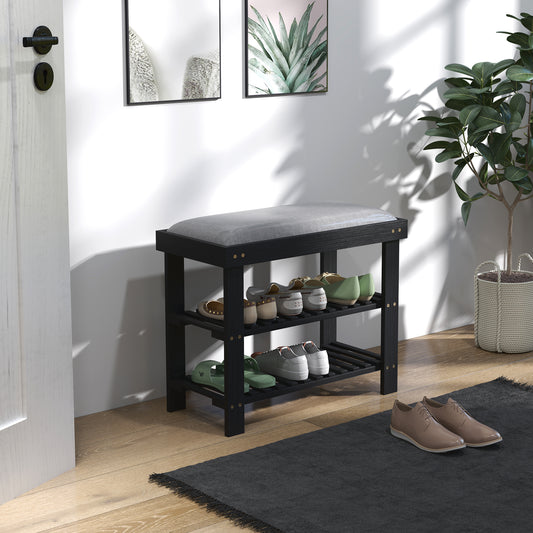 Bamboo Shoe Storage Bench, 3-Tier Entryway Bench with Cushion, Shoe Organizer for Entryway, Hallway, Black