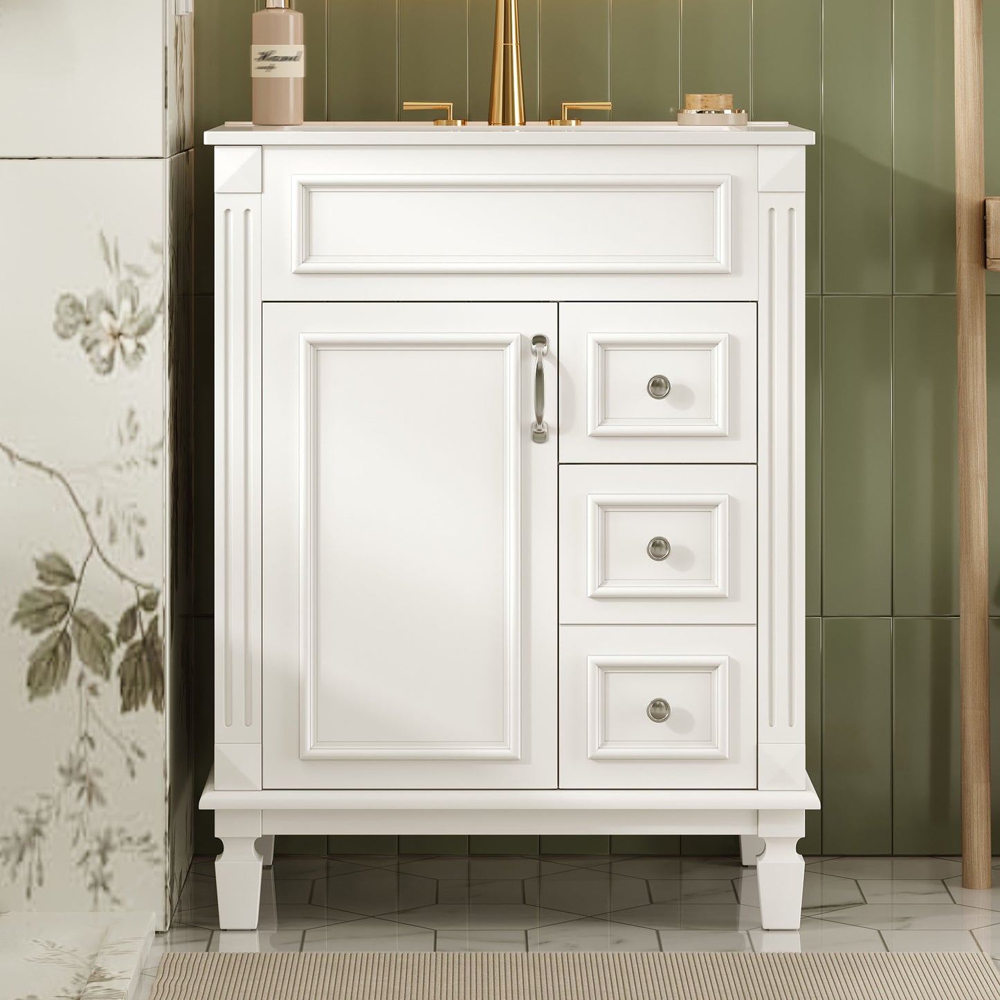 24 Bathroom Vanity With Ceramic Sink, Small Bathroom Sink Cabinet, Modern Cabinet With 2 Drawers And Adjustable Shelf