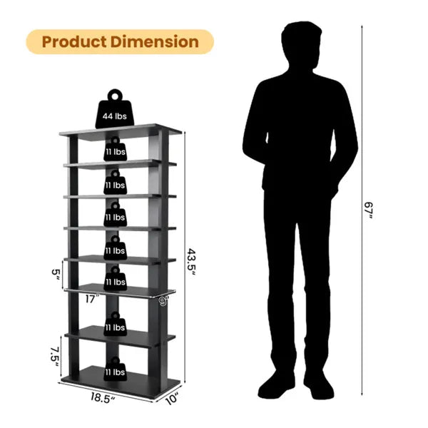 7-Tier Double-Row Shoe Rack With Adjustable Shelves, Anti-Tipping Narrow Storage Rack For Entryway Closet-Black