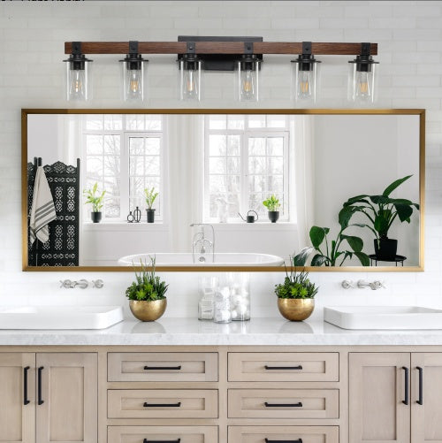 42 Inch Rustic 6-Light Vanity Light, Industrial Bathroom Wall Sconce With Glass Shades And Wood Accent, Modern Farmhouse Lighting Fixture No Bulbs