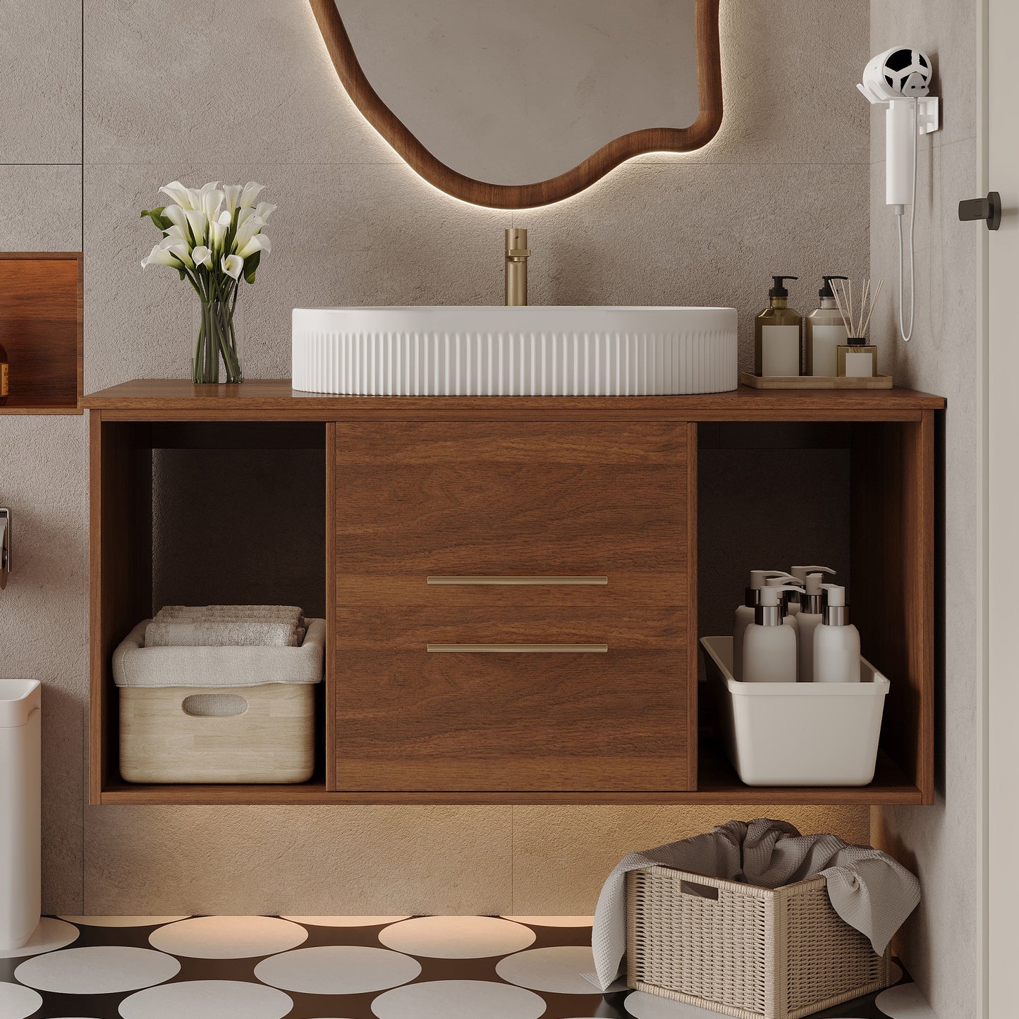 Modern 39.4 Wall-Mounted Bathroom Vanity With Oval Ceramic Sink Floating Vanity Multi-Layer Solid Wood Cabinet Soft-Close Drawers Open Shelf Storage