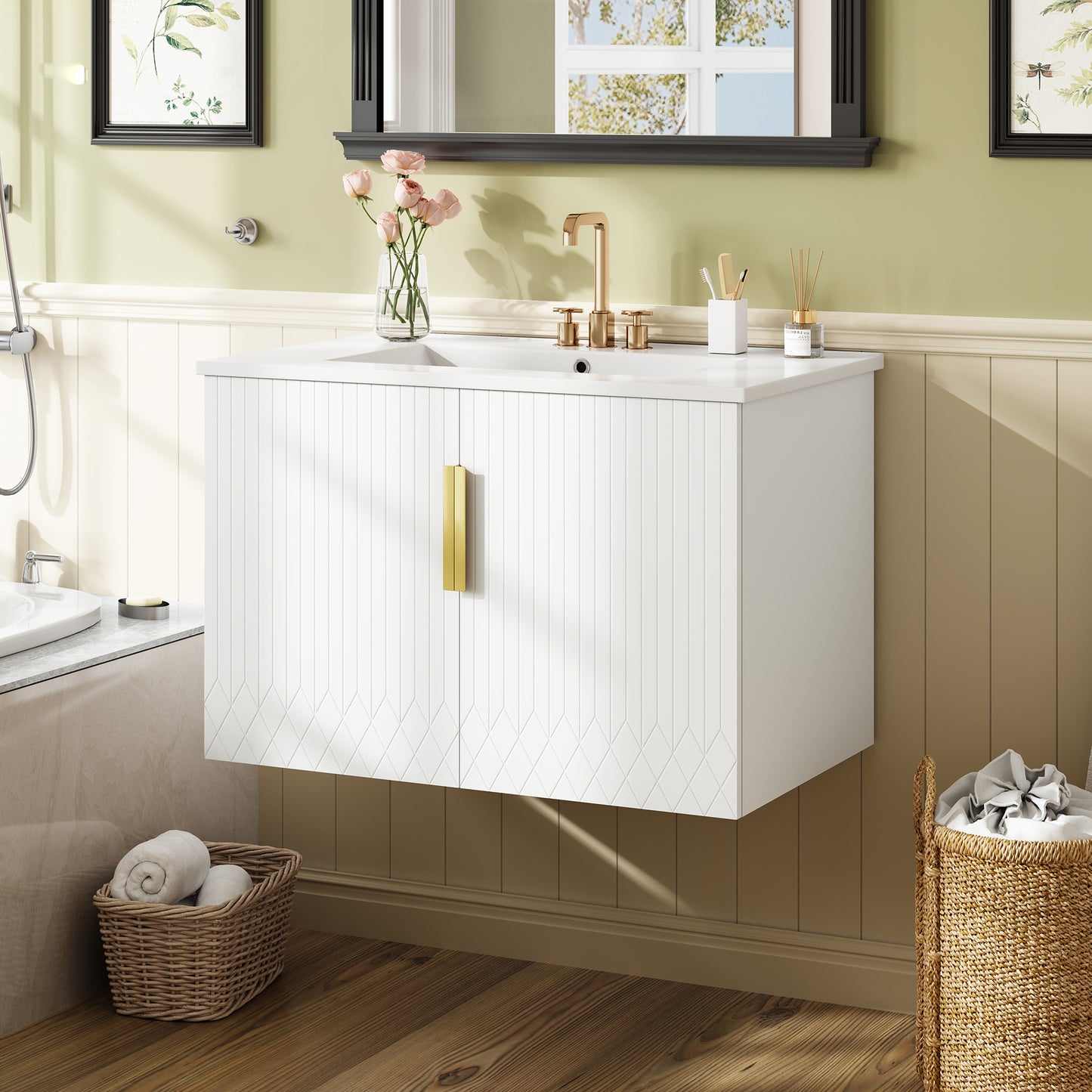 30 Vintage Bathroom Vanity With Ceramic Sink, With 3 Holes Single Ceramic Sink, Bathroom Storage Vanity Cabinet With 2 Soft Closing Doors