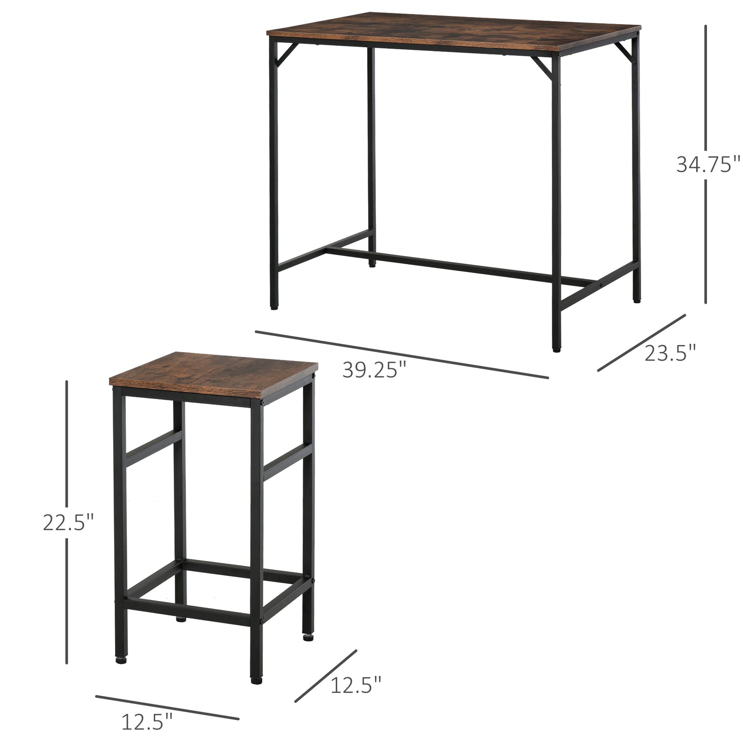 5-Piece Industrial Dining Table Set, Bar Table & 4 Stools Set, Space Saving For Pub & Kitchen, Rustic Brown/Black