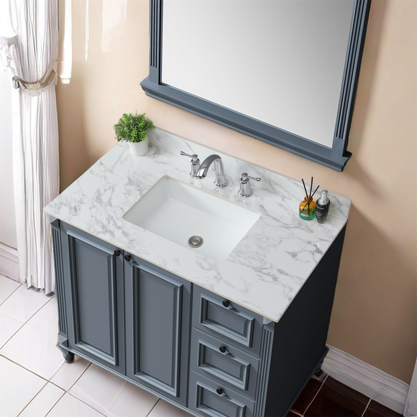 43x22 Bathroom Vanity Top,sintered Stone Carra White   Barthroom Vanity Sink Tops With Rectangular Undermount Ceramic Sink With Vanity Backsplash, Three Faucet Hole Bathroom Vanity Countertop