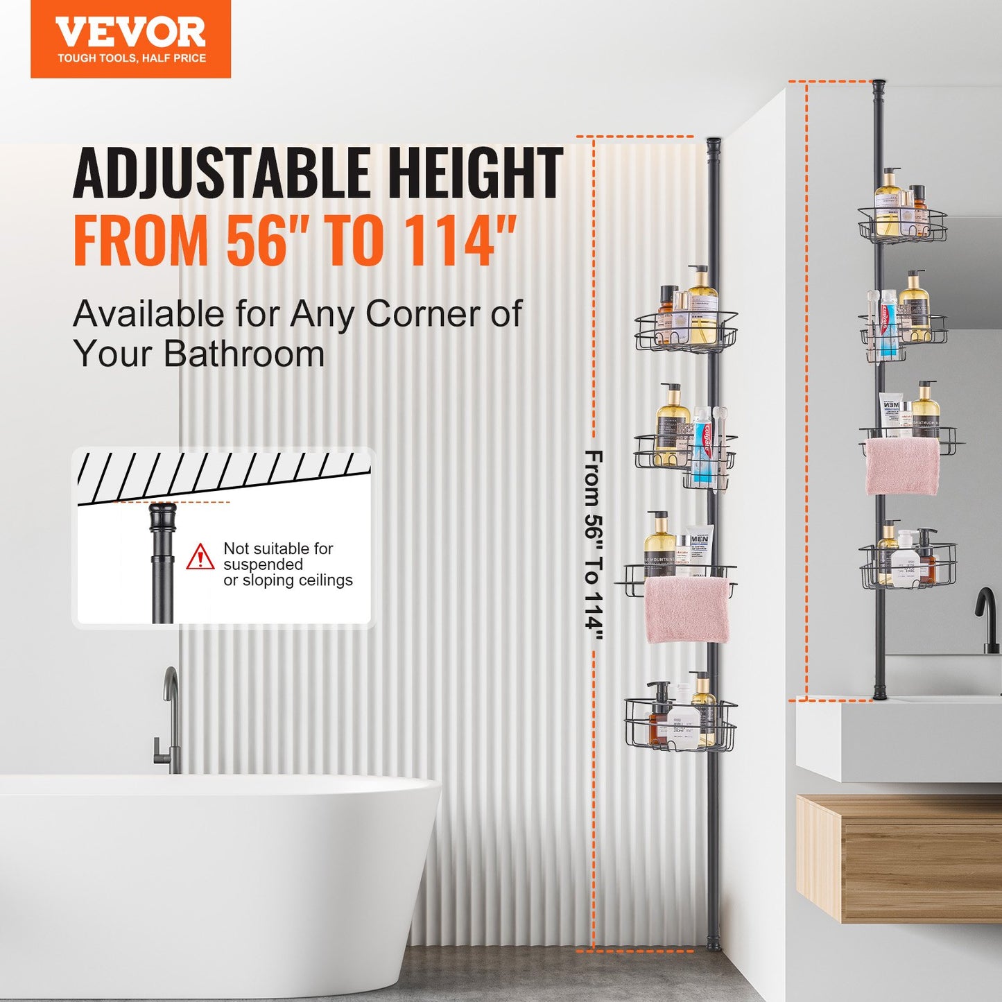 Shower Corner Caddy Tension Pole, 56" To 114" High, Multi-Functional Shower Tension Pole With Strong Load-Bearing Tray, Rust-Proof Easy-to-Install Tension Pole, Fit For Bathroom & Washroom
