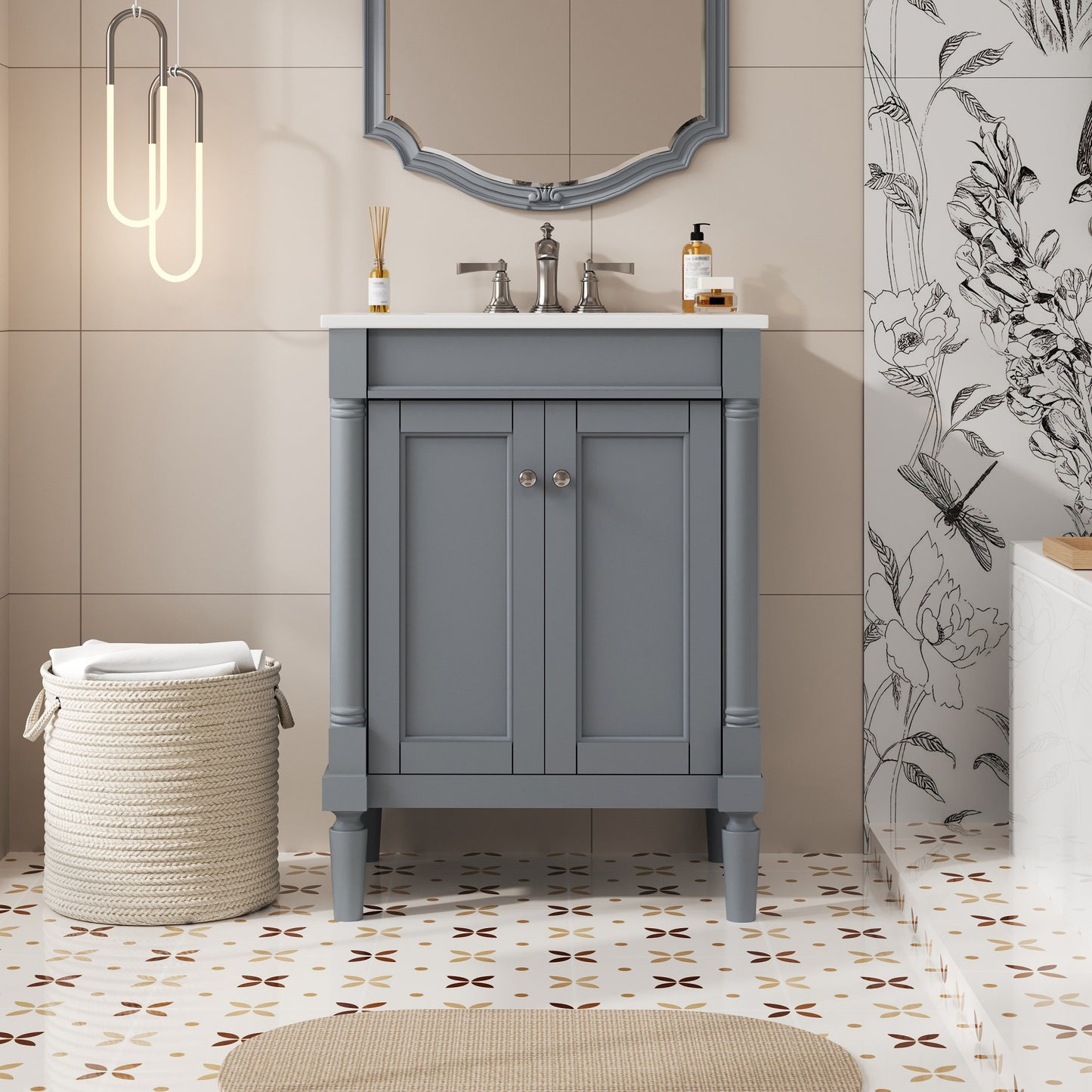 24'' Bathroom Vanity With Top Sink, 2-Tier Modern Bathroom Storage Cabinet, Single Sink Bathroom Vanity, Large Storage Shelves