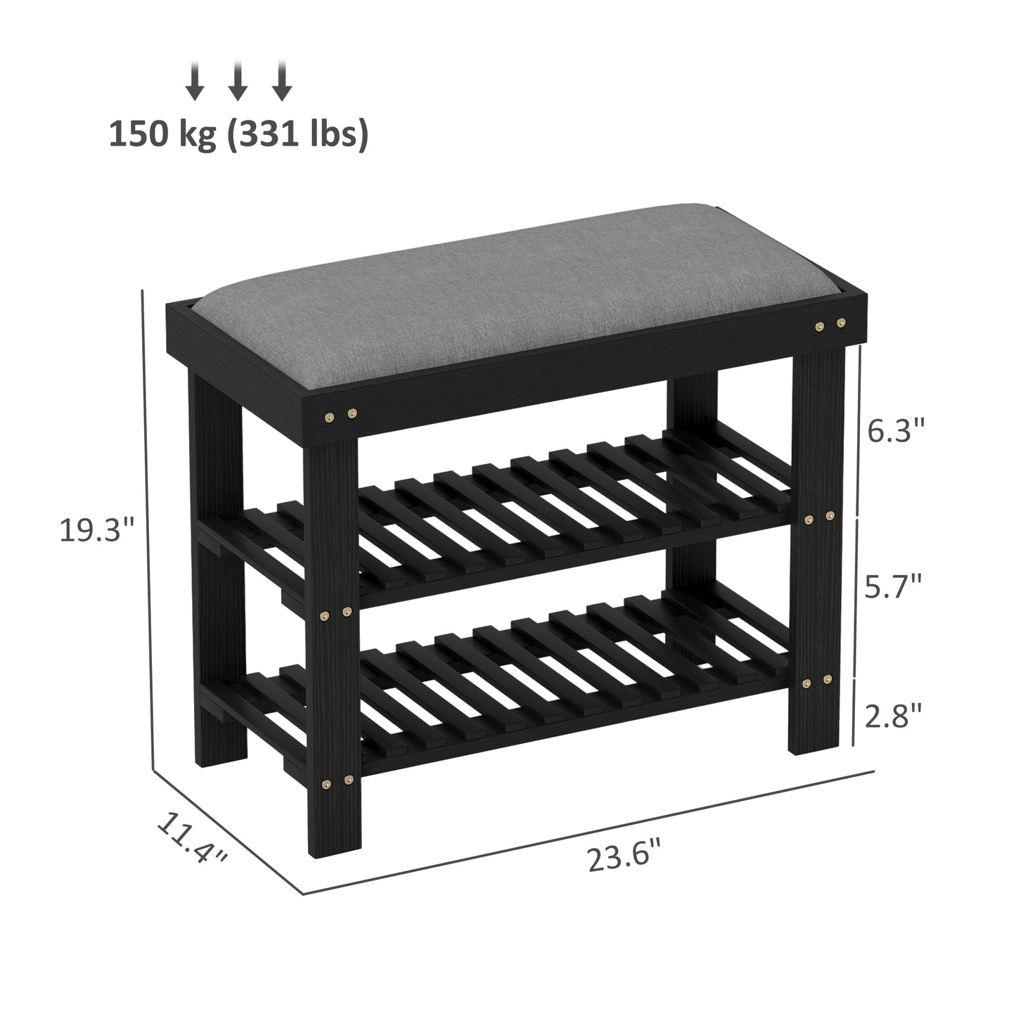 Bamboo Shoe Storage Bench, 3-Tier Entryway Bench with Cushion, Shoe Organizer for Entryway, Hallway, Black