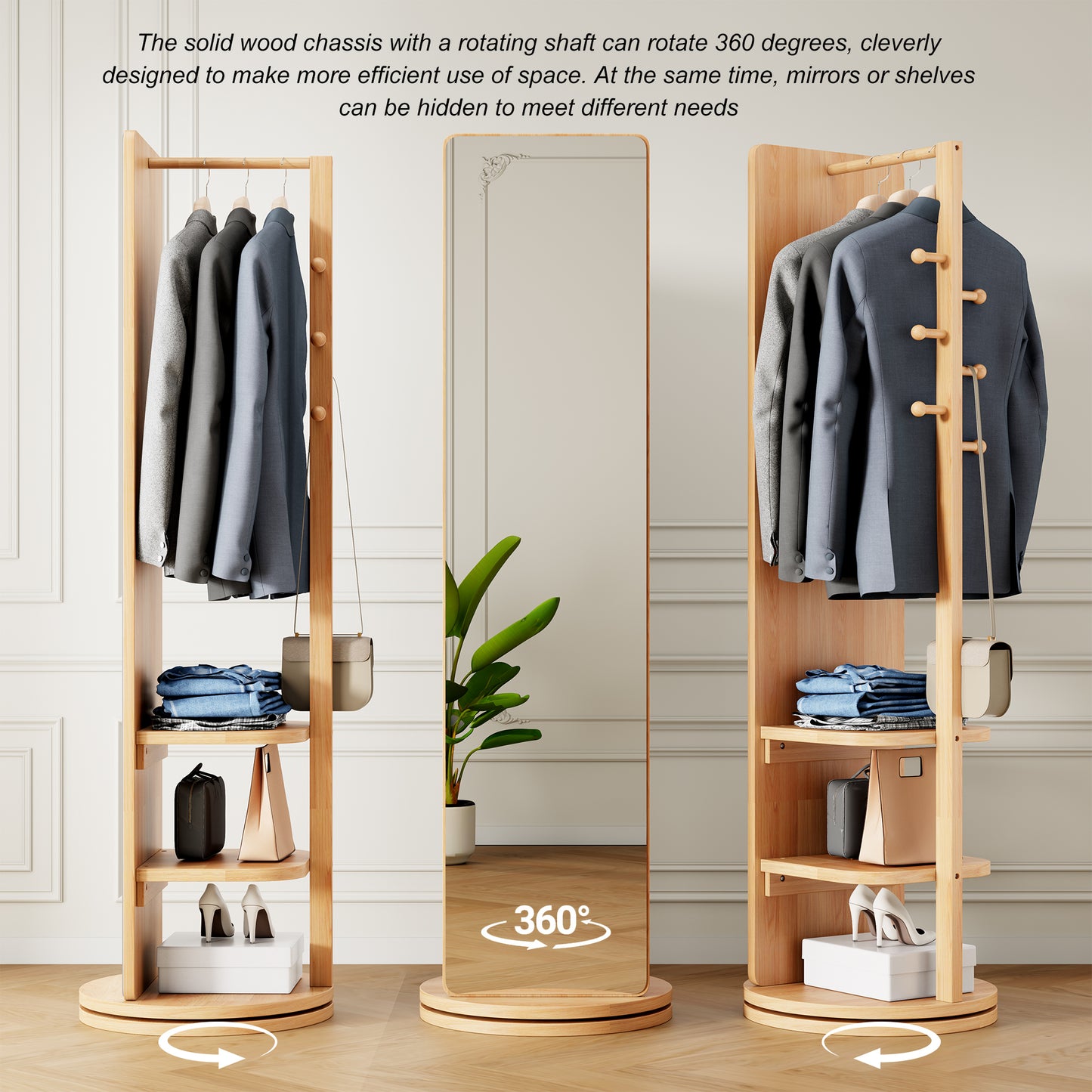360 Rotating 69x16 Multifunctional Full Length Mirror With Hook Storage Rack Coat Rack With Mirror Solid Wood Floor Mirror Bedroom Living Room Cloakroom Space Saving Natural Wood