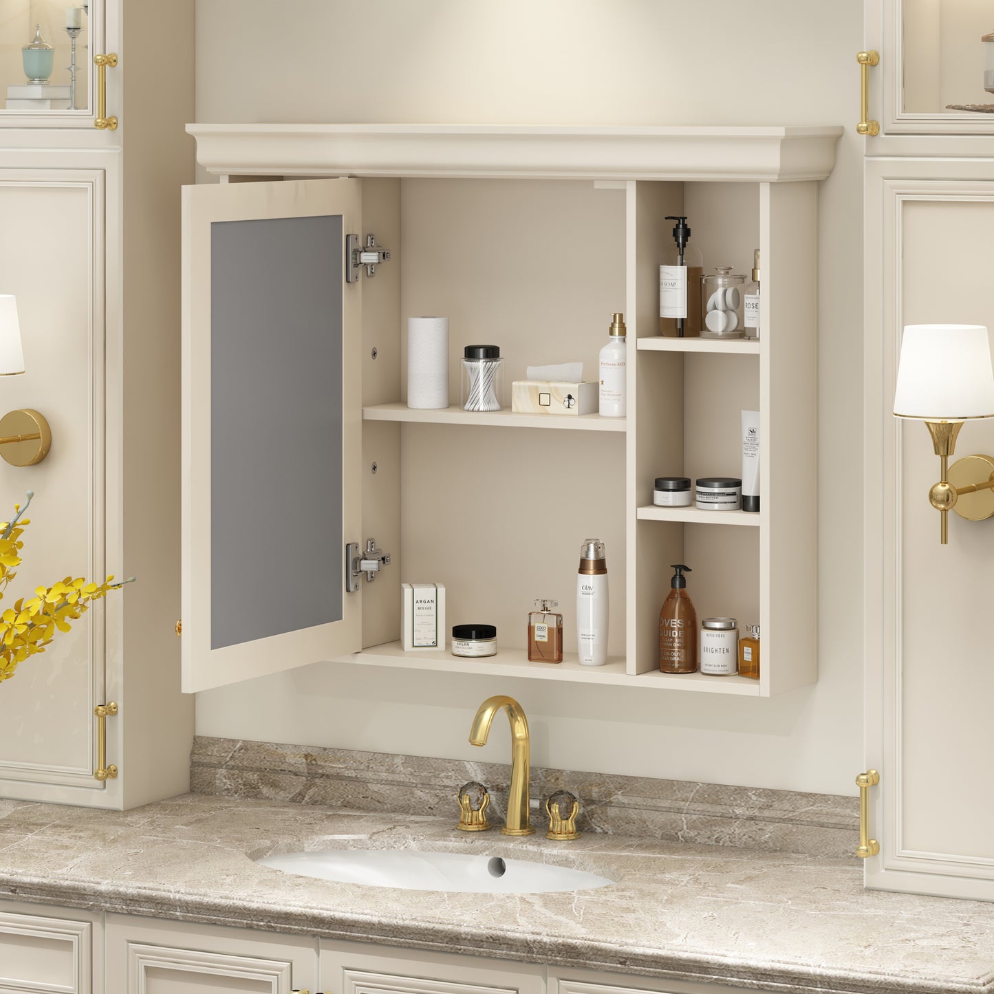 35'' X 28'' Wall Mounted Bathroom Storage Cabinet With Mirror Door, Modern Bathroom Wall Cabinet With Mirror, Medicine Cabinet With 6 Open Shelves