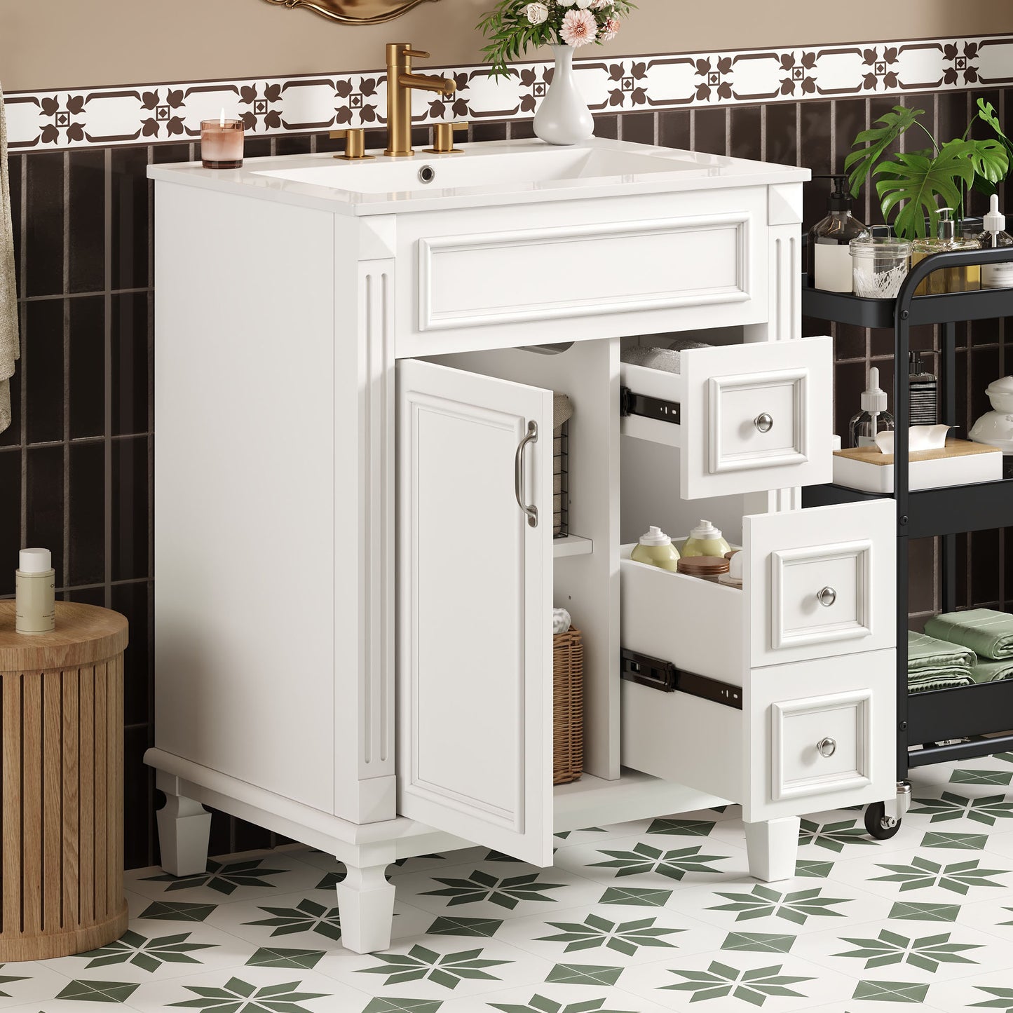 24 Bathroom Vanity With Ceramic Sink, Small Bathroom Sink Cabinet, Modern Cabinet With 2 Drawers And Adjustable Shelf