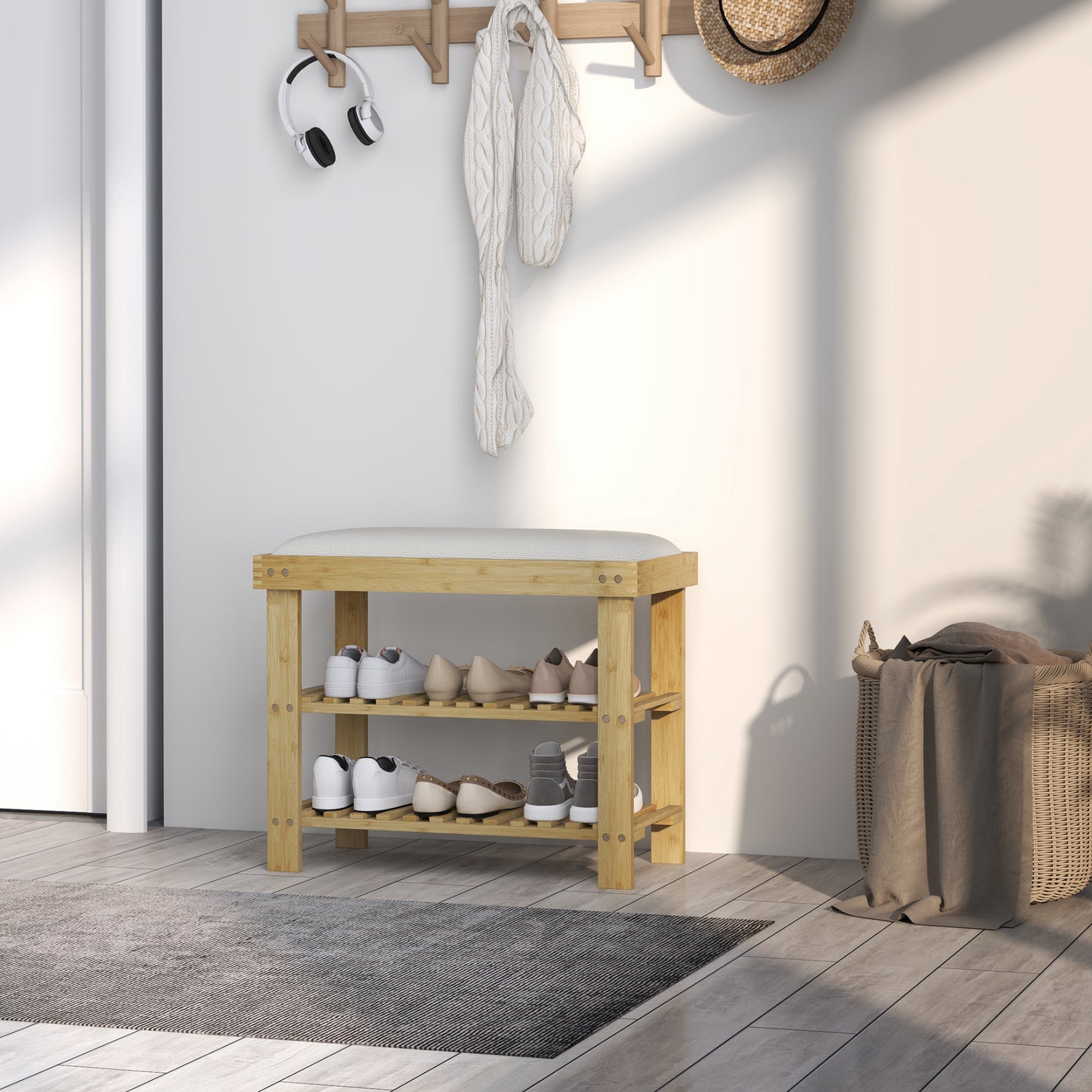 Bamboo Shoe Storage Bench, 3-Tier Entryway Bench with Cushion, Shoe Organizer for Entryway, Hallway, Cream White